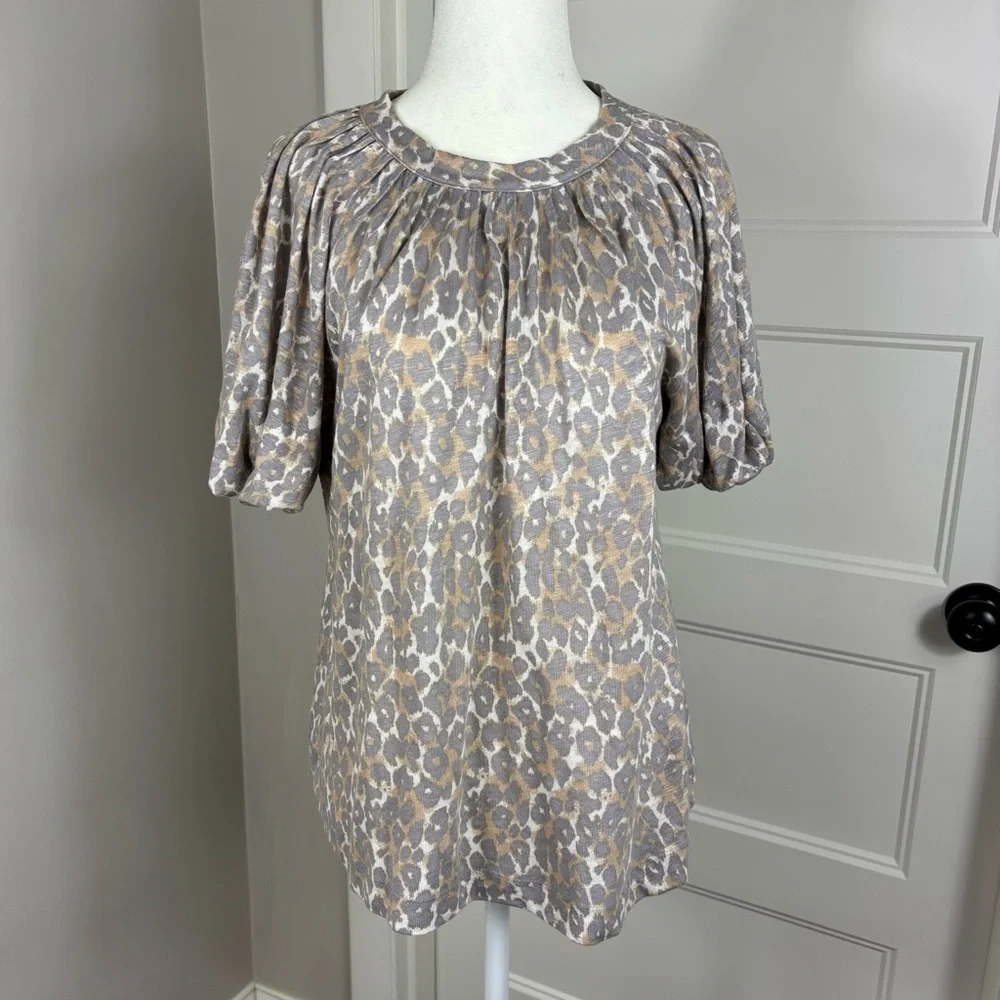 Maeve Leopard Print Linen Puff‎ Sleeve Blouse Size XS